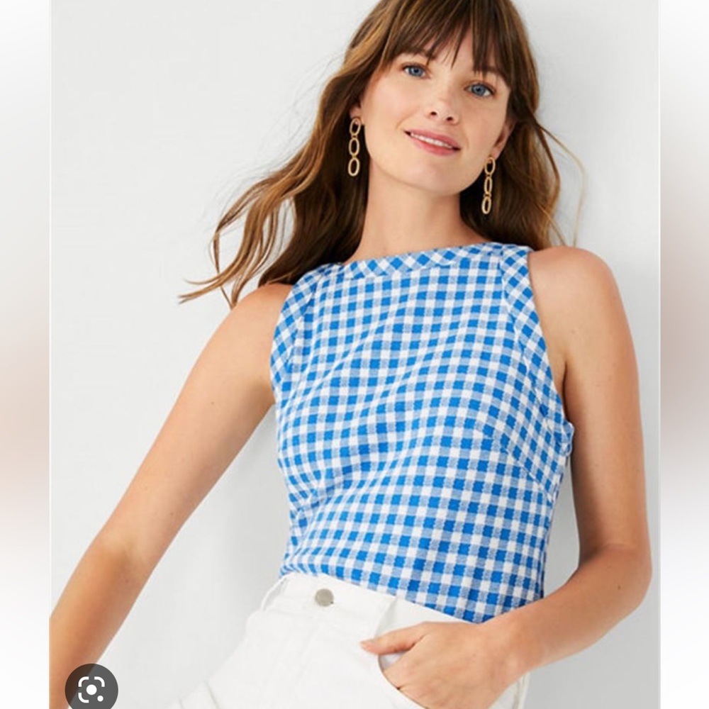 Ann Taylor Blue Gingham Boat Neck Tank XSP NWOT